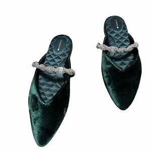 Birdies “the Swan” emerald green velvet and rhinestone strapped slides sz 9
